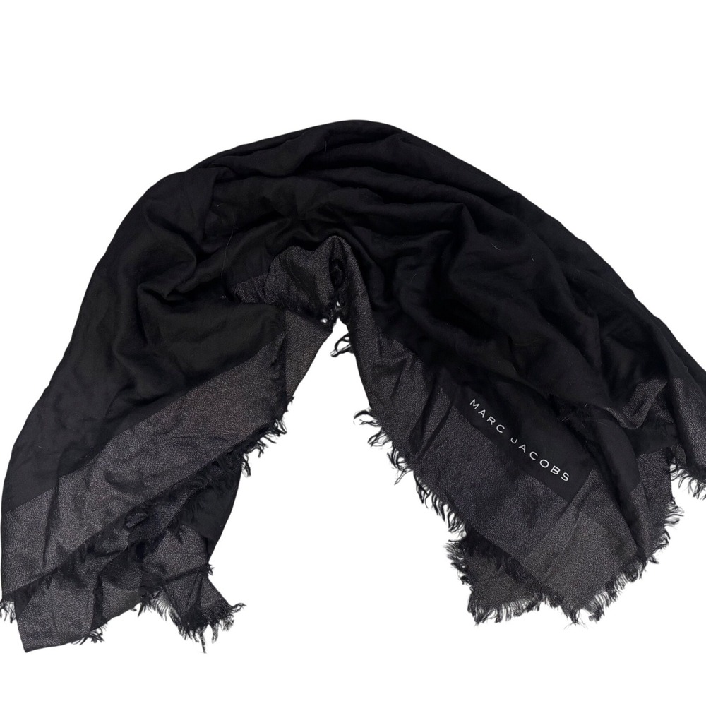 Marc‎ Jacobs Blk Scarf Metallic Silver Border Frayed Edge Lightweight Wrap Shawl